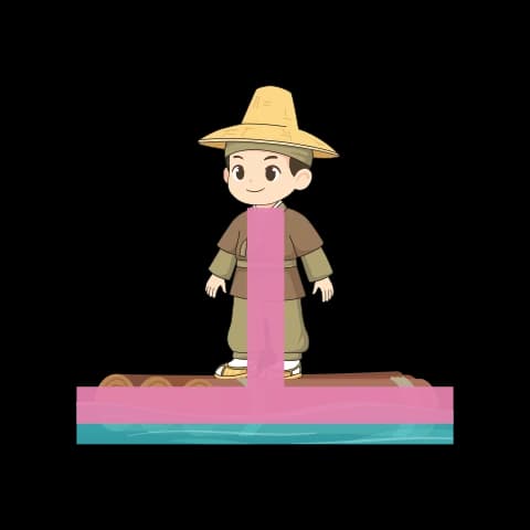 Hangul letter ㅗ drawn as a hunter on a raft over the water