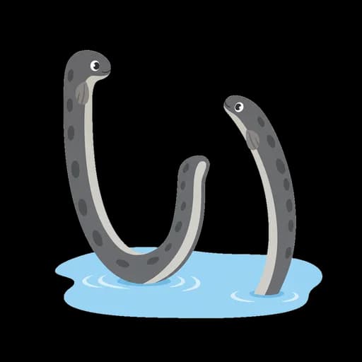 Hiragana letter い drawn as eels